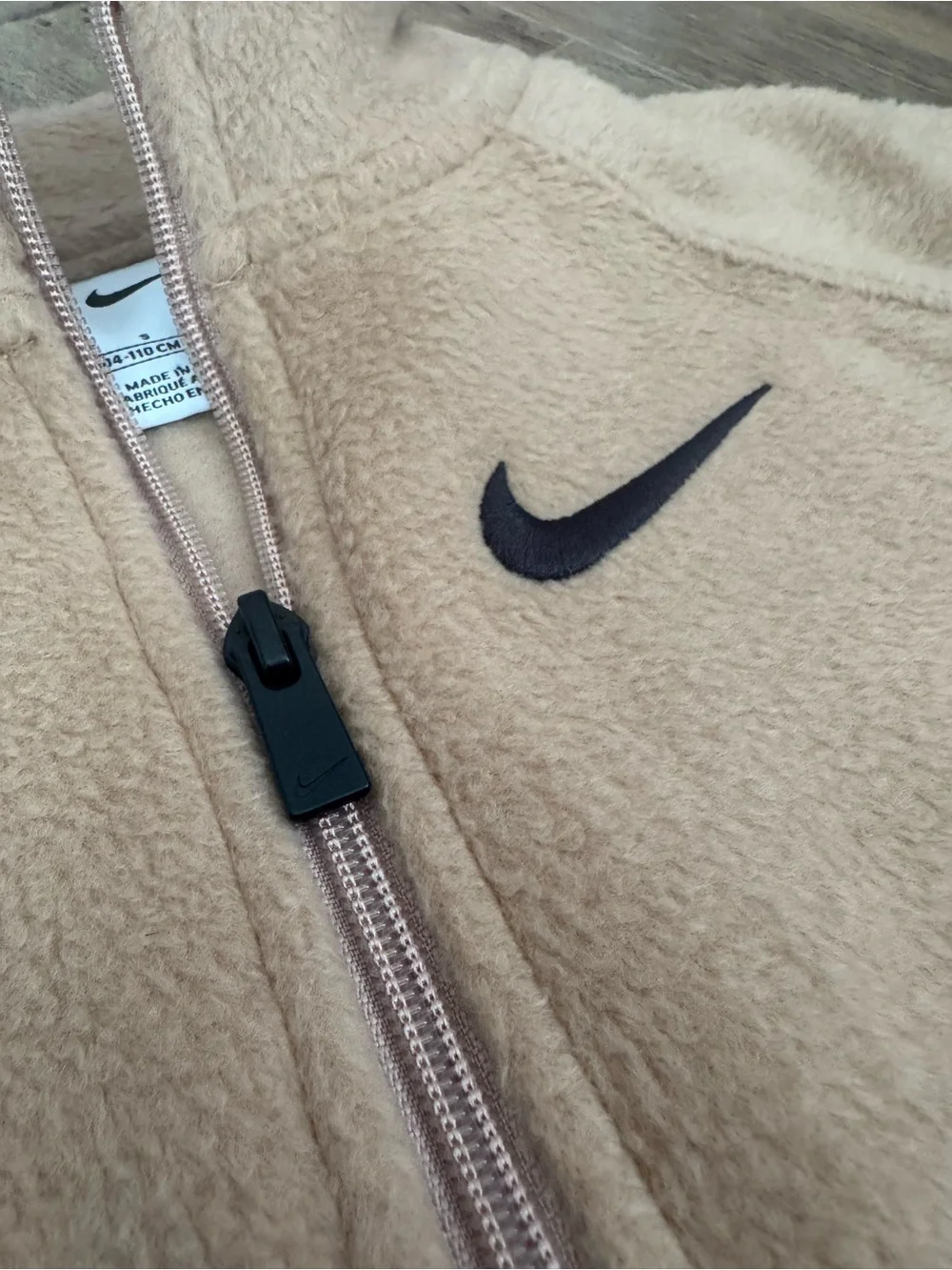 Nike Kids Beige Fleece Full-Zip Jacket with Black Swoosh